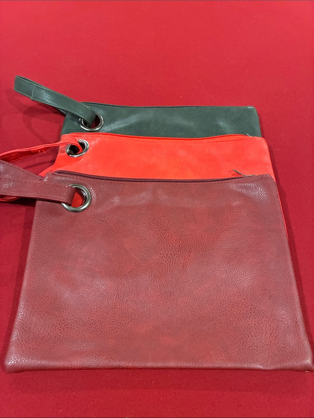 Trio Leather Oversized Wristlet Clutch Set in Burgandy, Red & Green